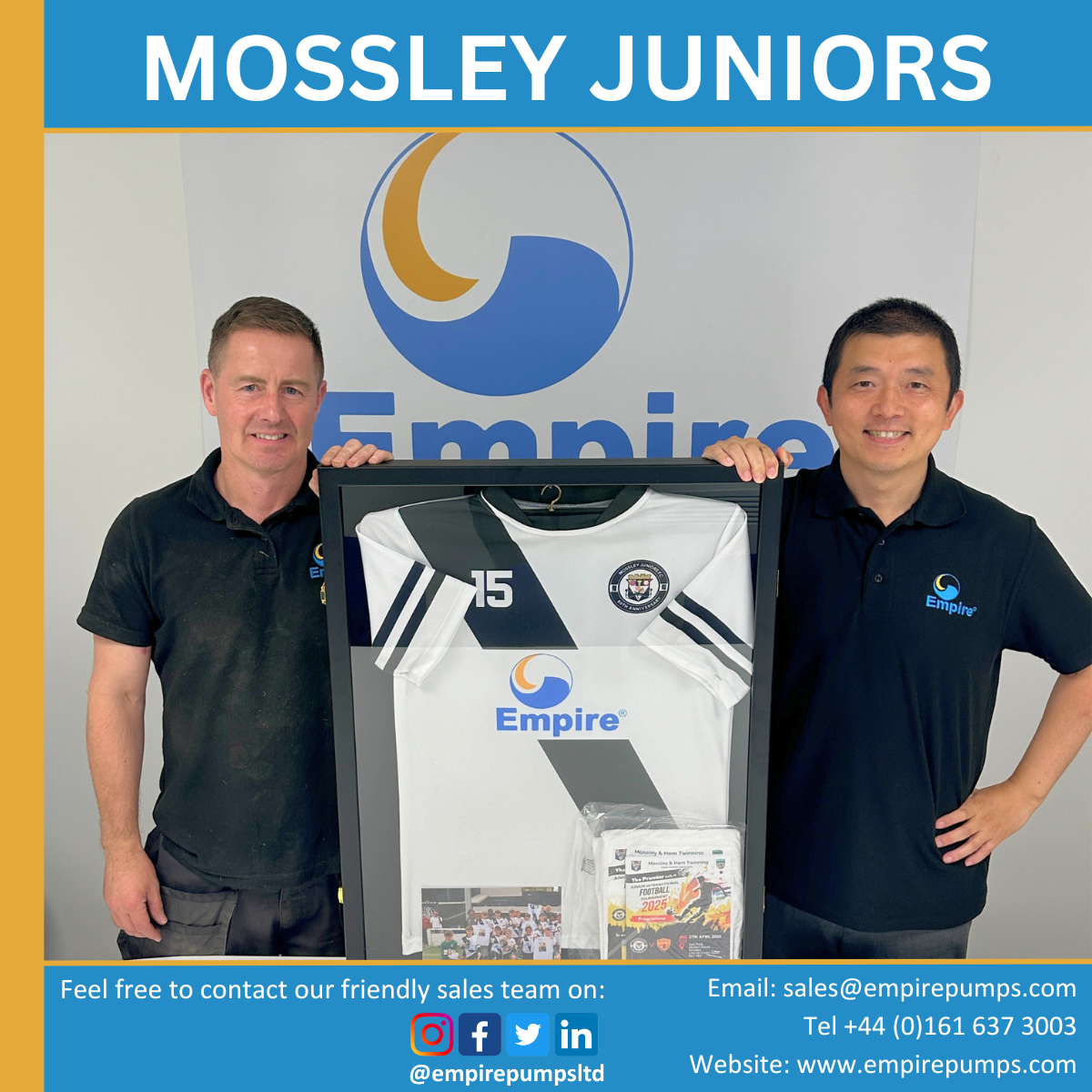 Empire Staff holding up brand new Mossley Juniors kit with Empire Pumps Sponsor.